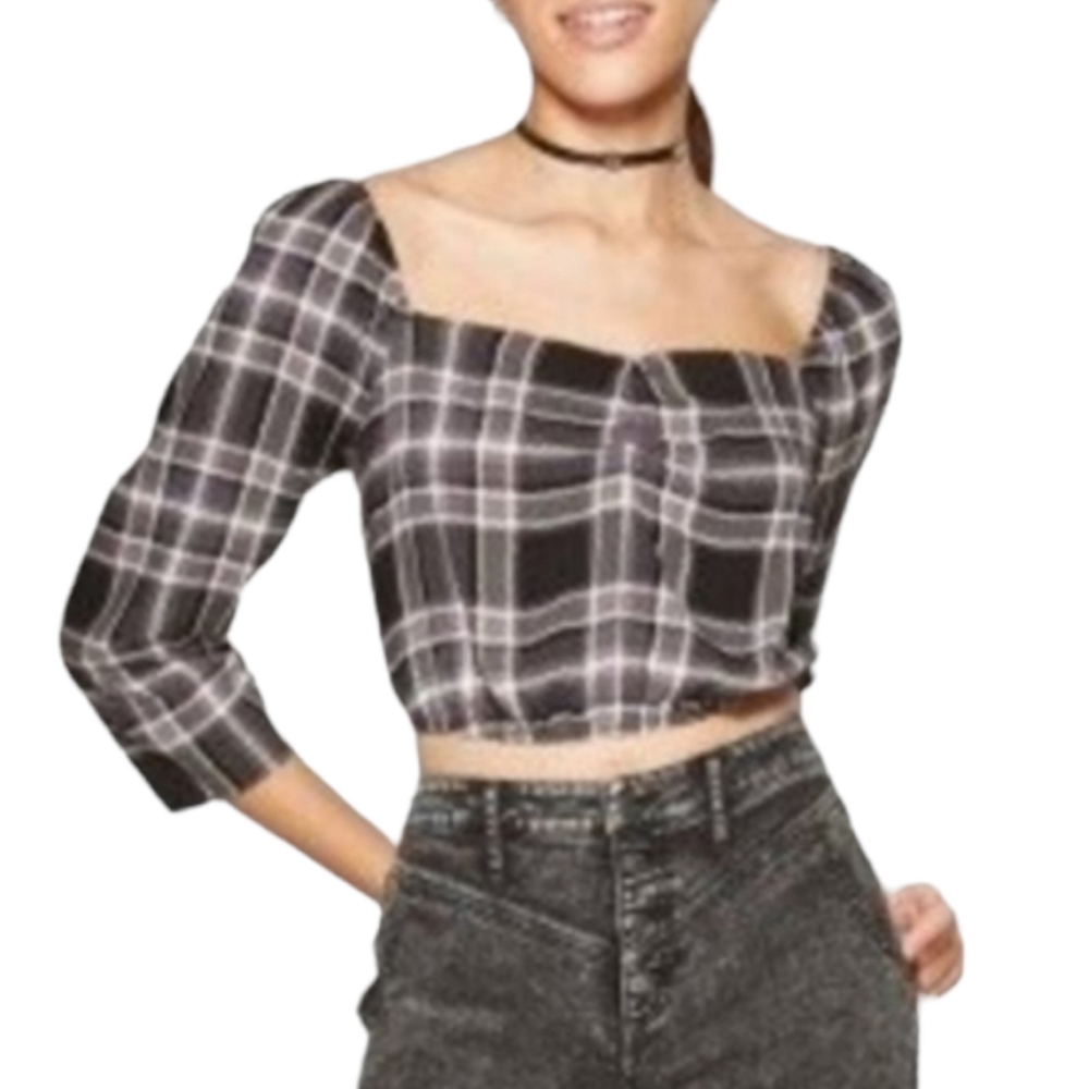 WILD FABLE Gray White Plaid Print Puff 3/4 Sleeve Square Neck Crop Top XXL NWT